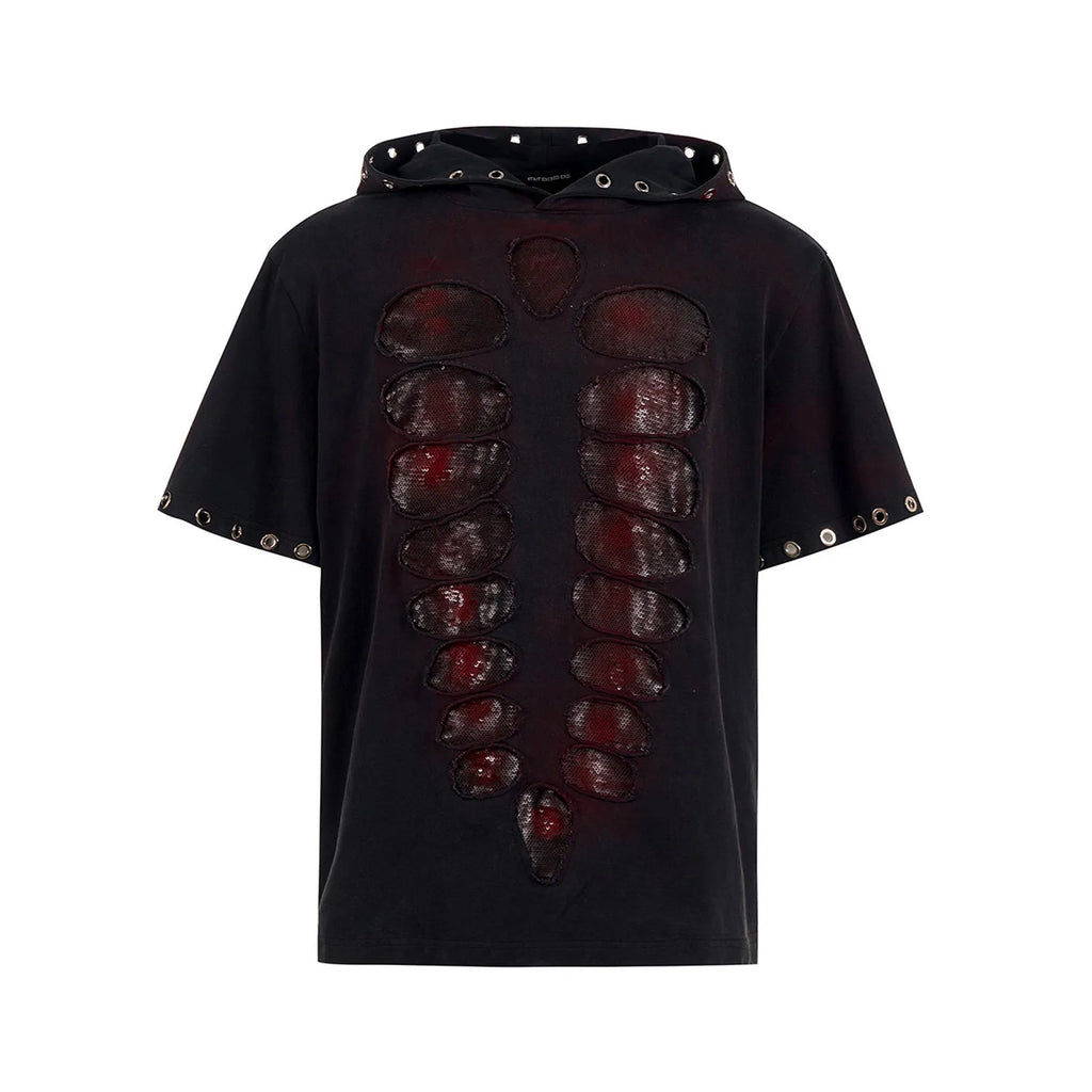 Black men's hooded T-shirt with short sleeves and all-over sequin design.