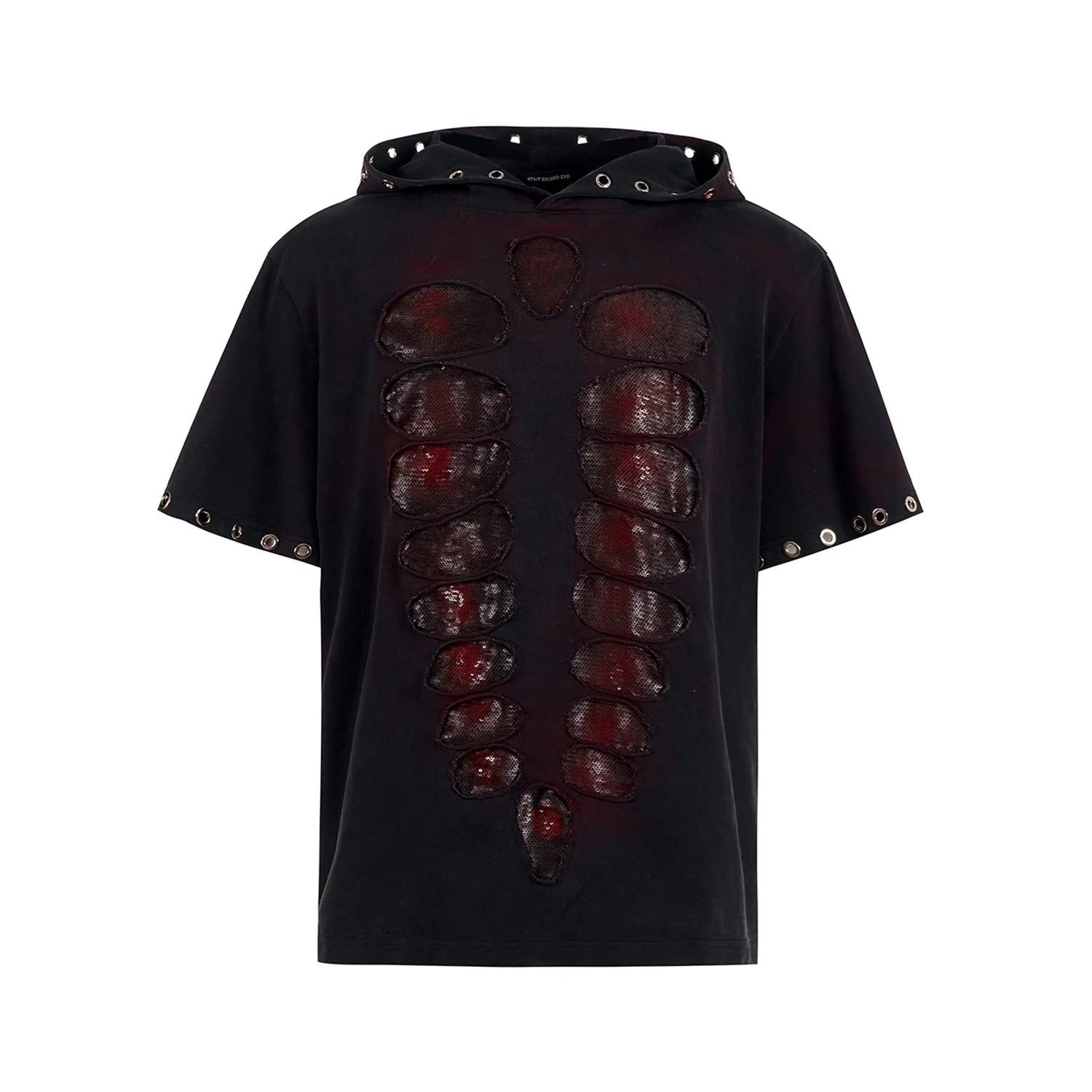 Black men's hooded T-shirt with short sleeves and all-over sequin design.