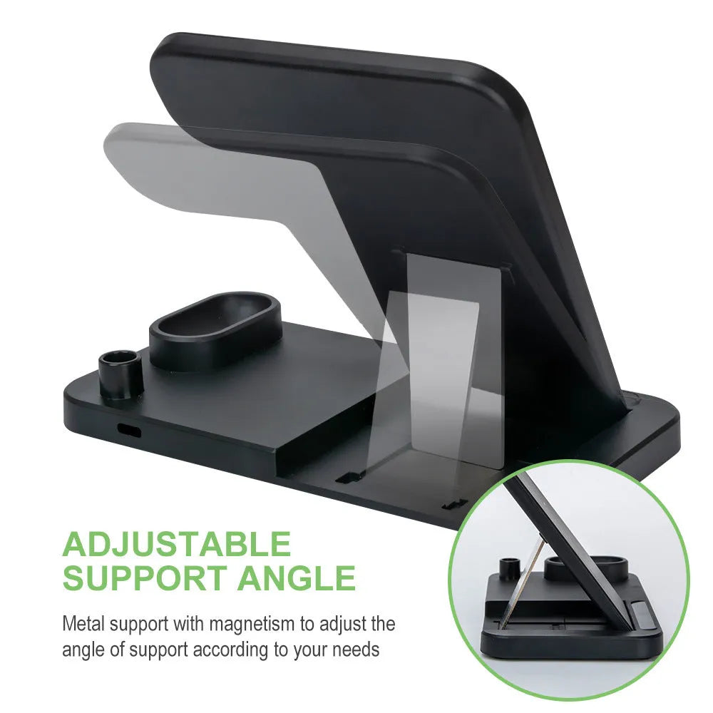 Folding 4-in-1 wireless charger in stand mode charging an iPhone and Apple Pencil.