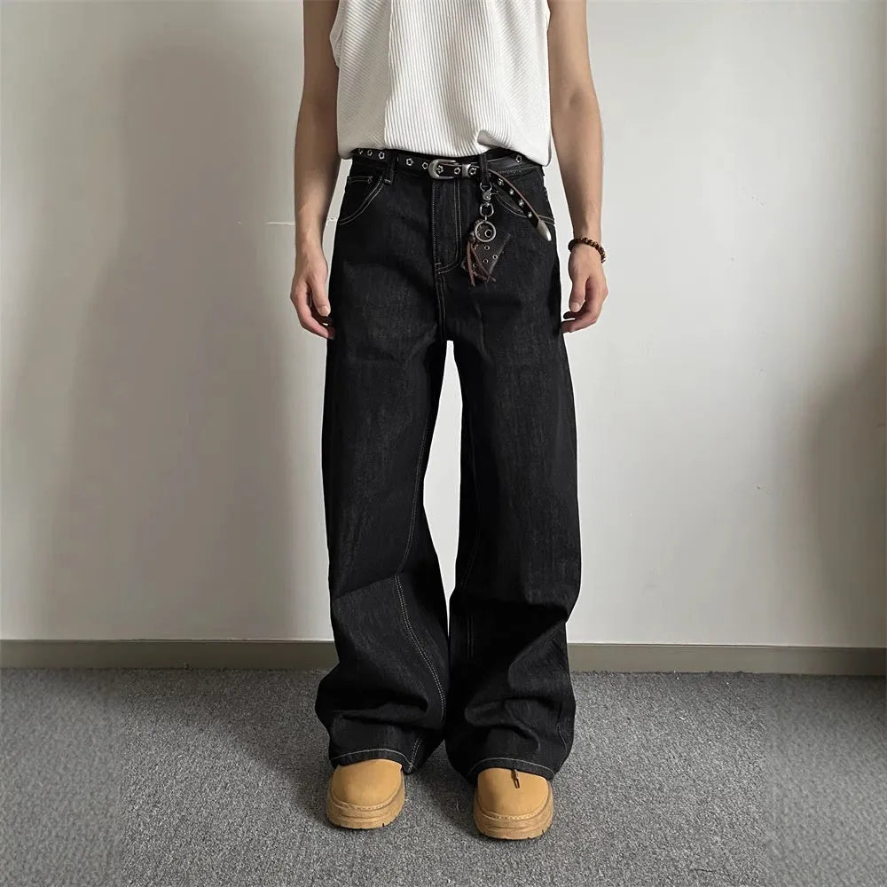 Retro black wide-leg jeans with straight-leg cut and mid waist design