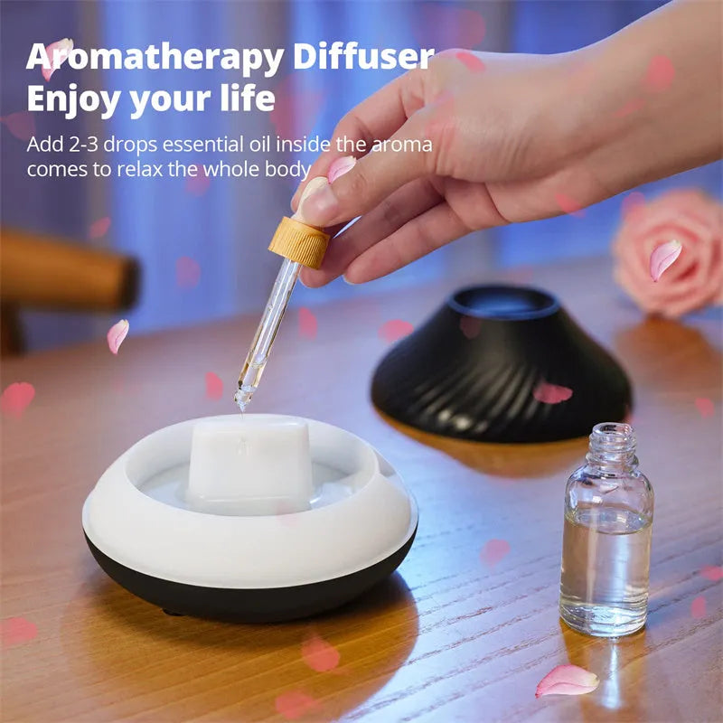 Beige and black USB aroma diffuser lamp with flame effect LED light and mist output