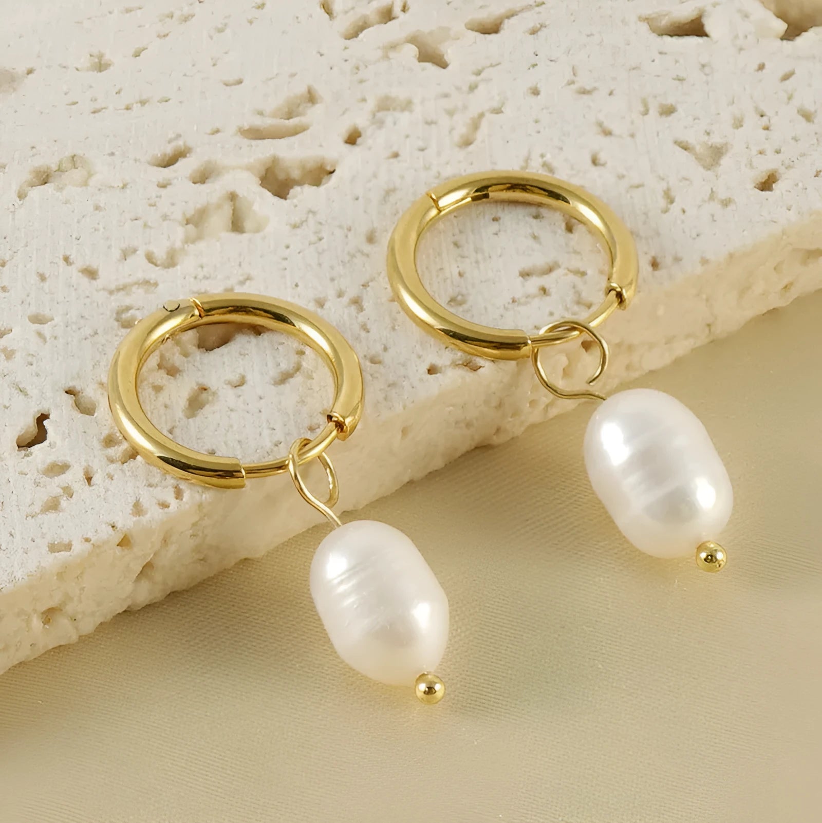 Gold geometric earrings with freshwater pearls on titanium steel posts for women