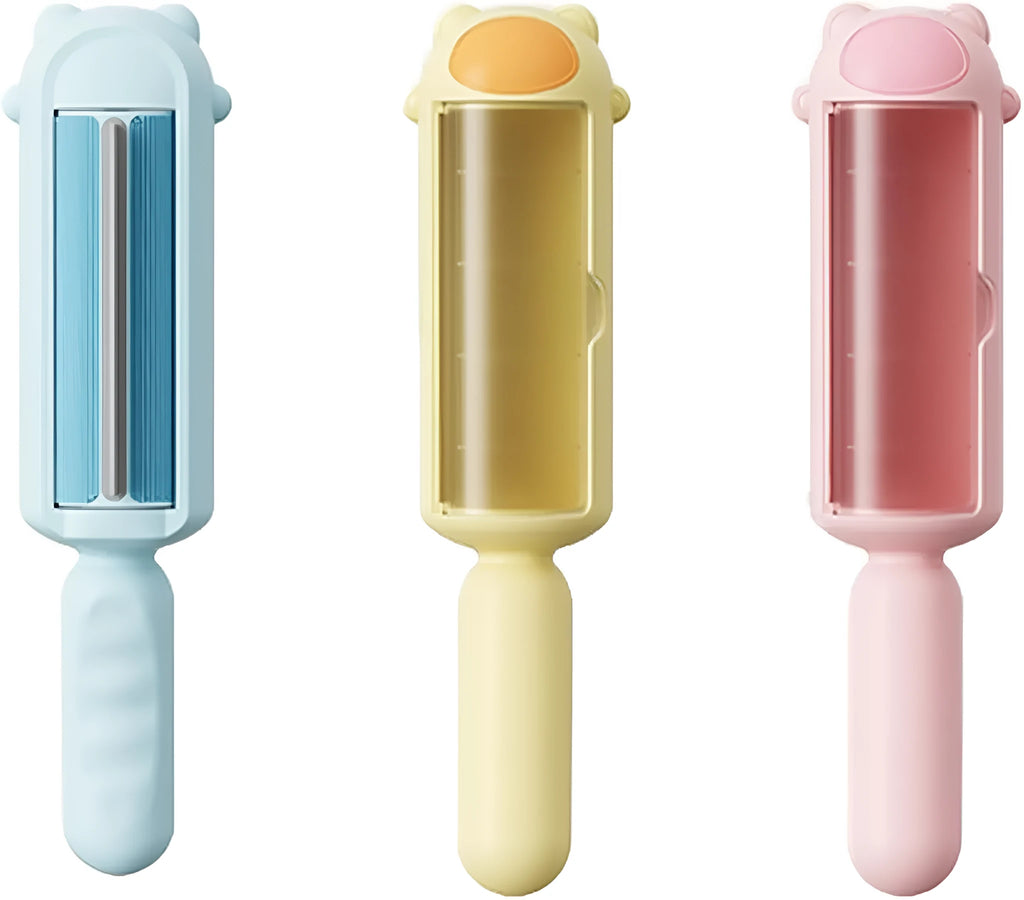 Blue reusable pet hair remover tool with self-cleaning base for furniture and car seats.
