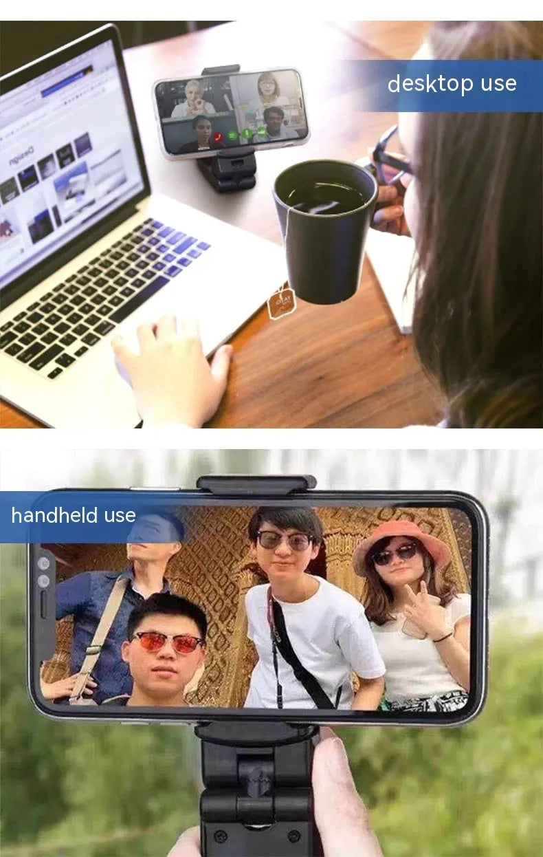 Black 360-degree rotating collapsible phone holder on desktop showing adjustable viewing angles