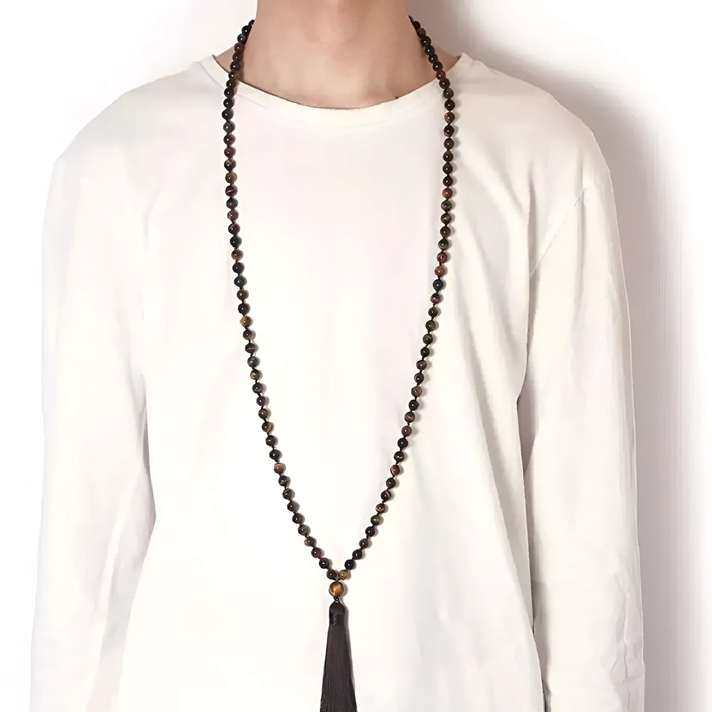 Colourful agate and gemstone tassel necklace with geometry pendant on adjustable 95-100cm chain.