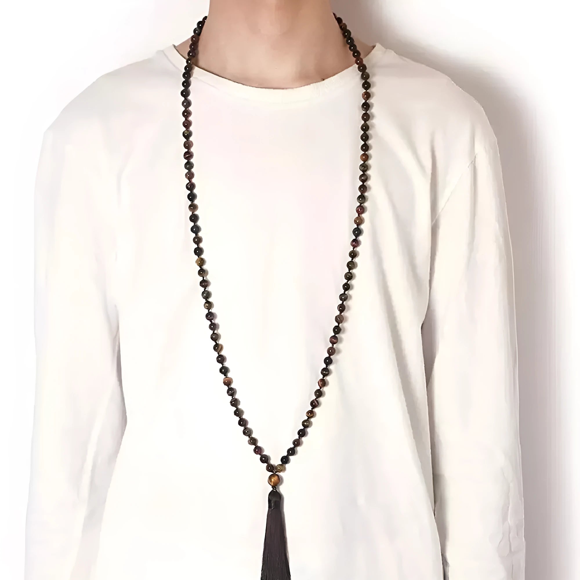 Colourful agate and gemstone tassel necklace with geometry pendant on adjustable 95-100cm chain.