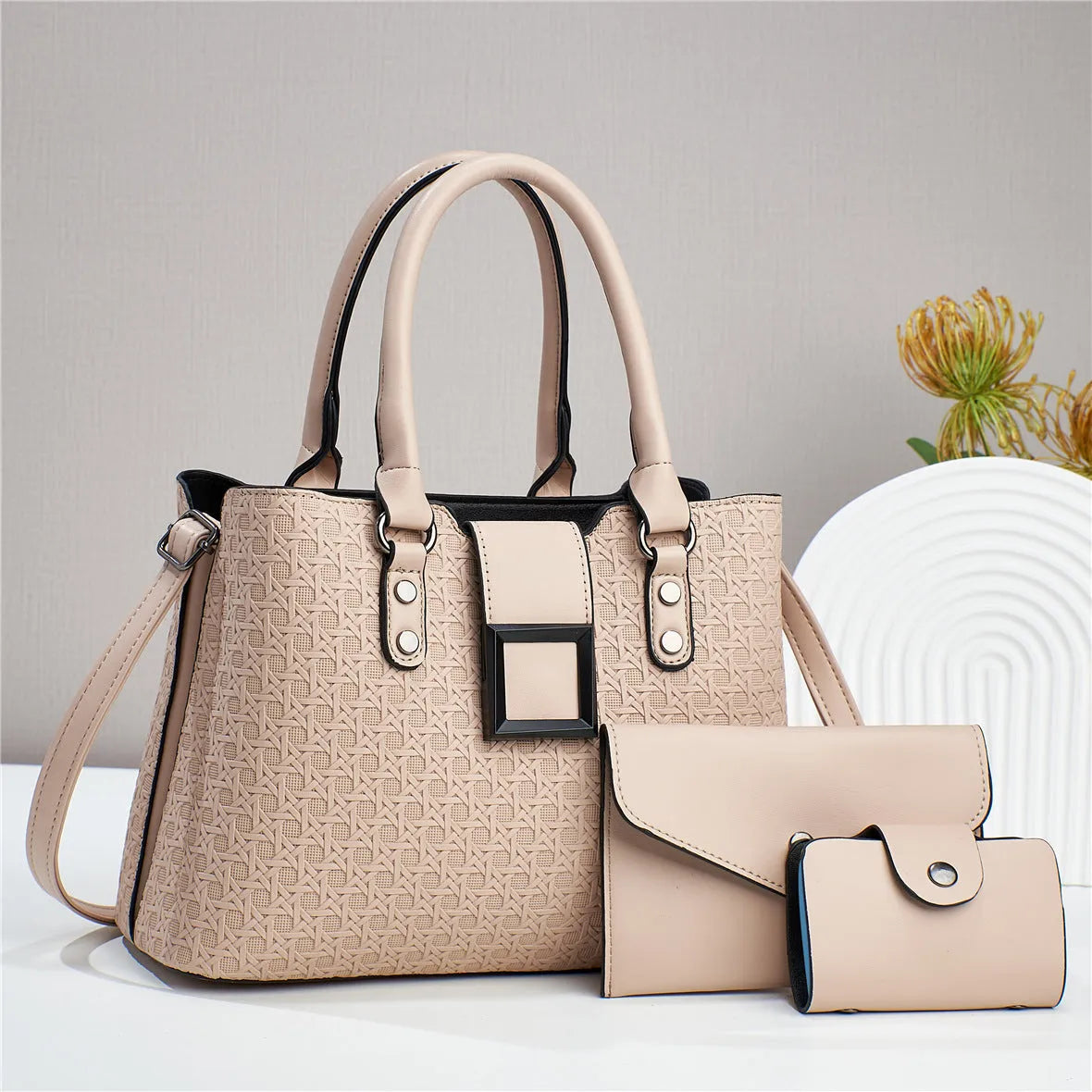 Three-piece textured women's crossbody bag set in square design with open pocket