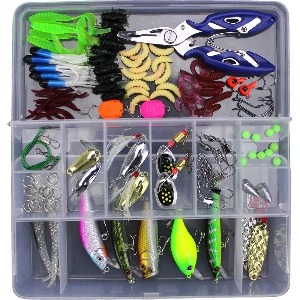 Junior fishing lure suit showing soft plastic baits organised in blue PP plastic storage tackle box