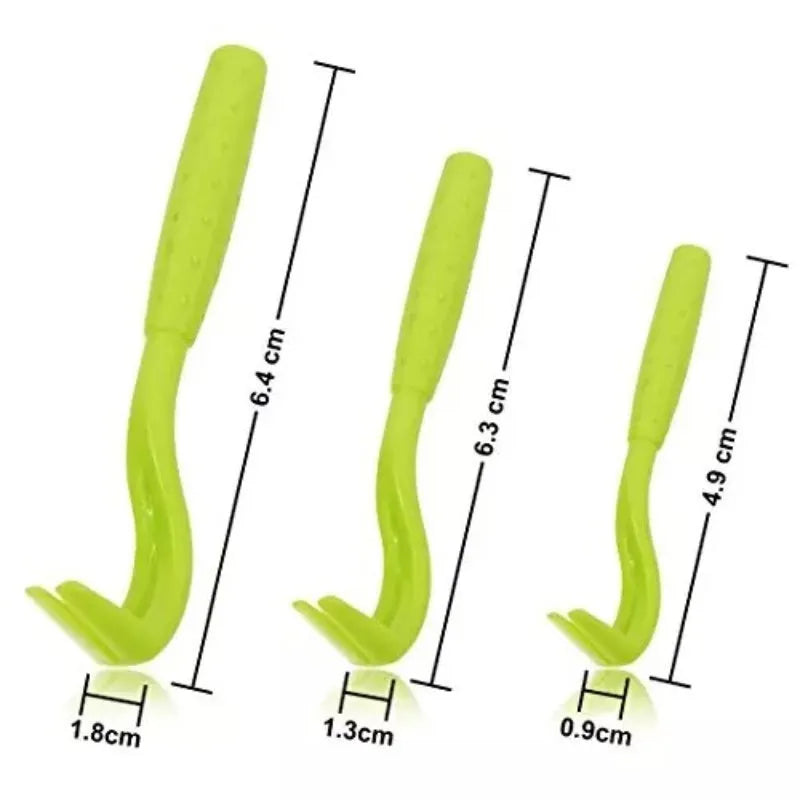 Three plastic hook tools for removing ticks from dogs and cats, in blue and green colours.
