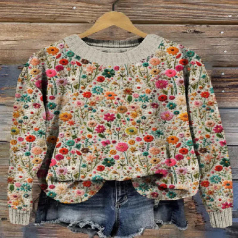 Women's little flower digital print round neck long sleeve sweater in a blue colour variant.