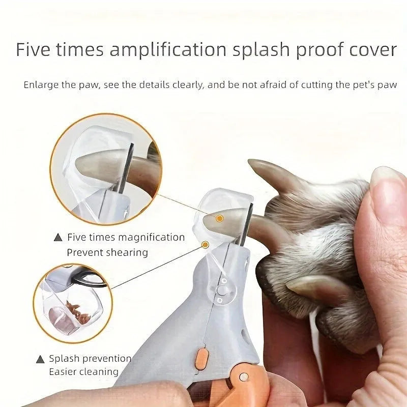Yellow LED pet nail trimmer with magnifying glass, shown with four lights on and nail catcher.