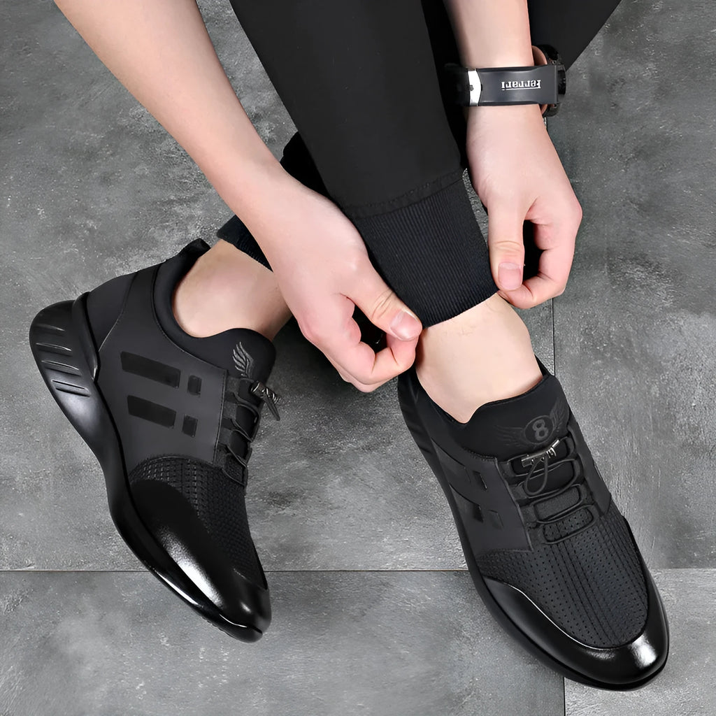 Men's black casual height increasing shoes with chunky rubber sole, shown in leather, mesh, and Lycra upper options.