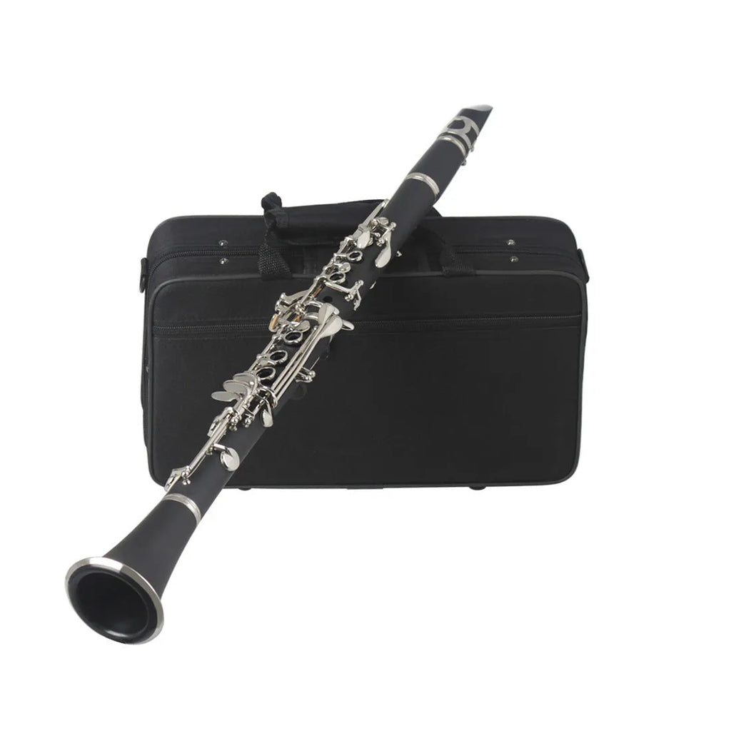 Black bakelite beginner clarinet with nickel-plated keys and included carrying case