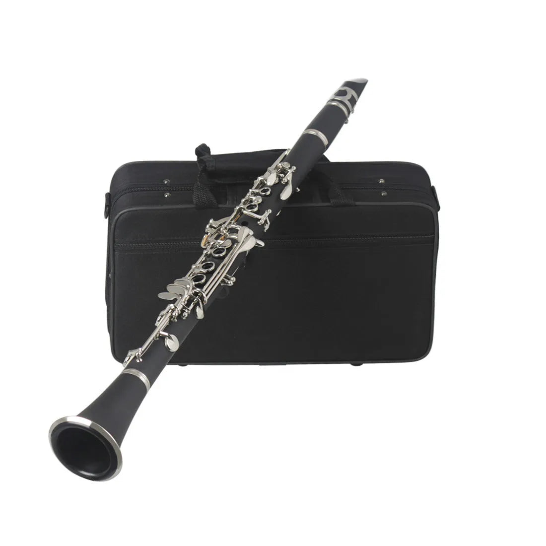 Black bakelite beginner clarinet with nickel-plated keys and included carrying case