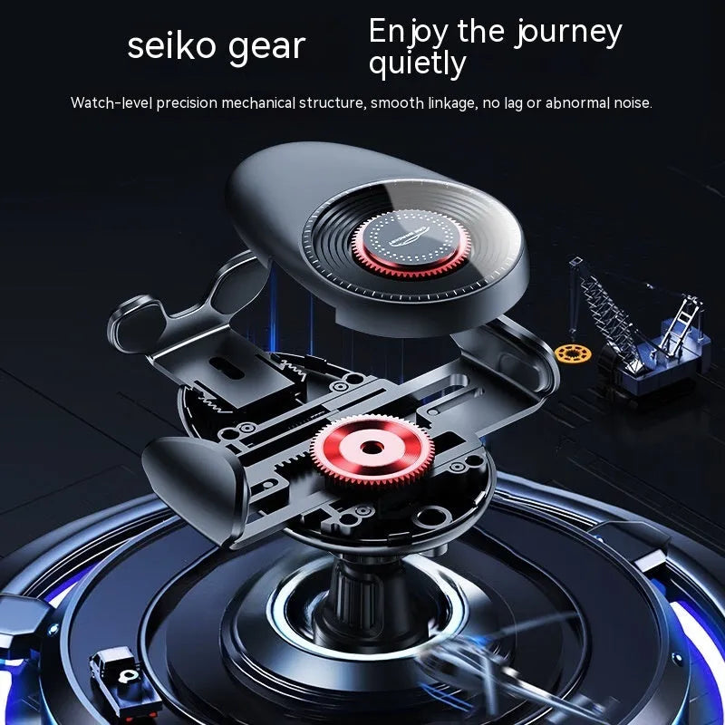 Black universal car phone bracket mounted on car air vent holding mobile phone