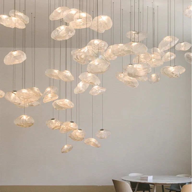 Modern fabric chandelier with glass shade in amber, clear or smoke grey colour options