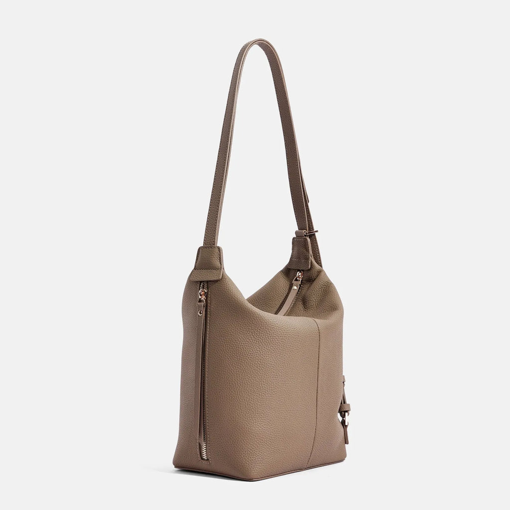 Women's soft cowhide leather bucket bag in elephant grey, black, or milky white