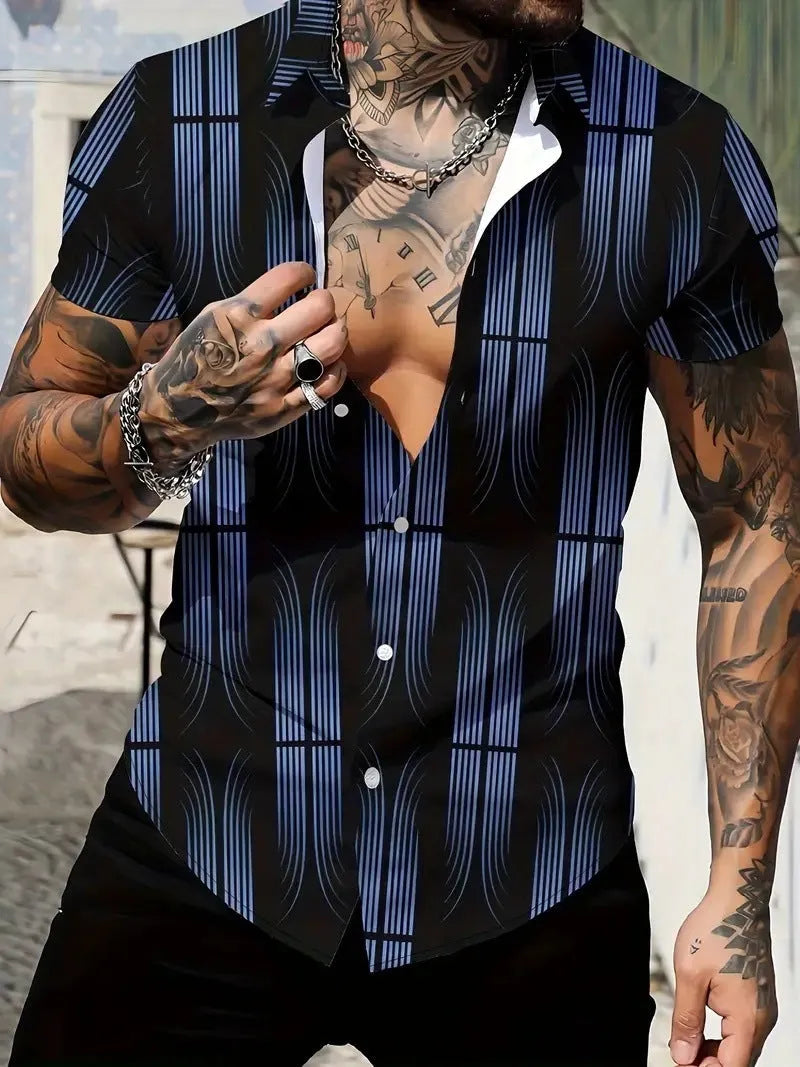 Men's slim fit geometric line print short sleeve shirt in a casual lapel style