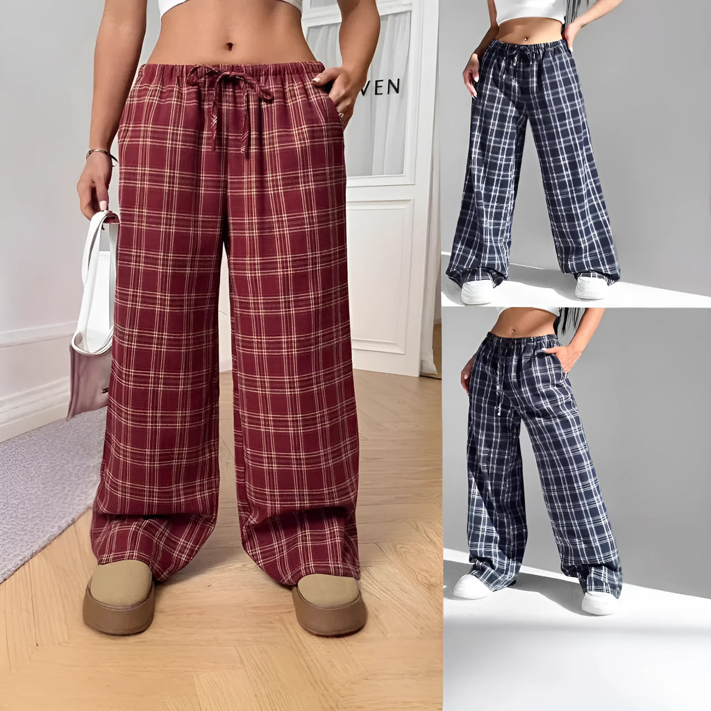 Women's casual trousers with drawstring waist and plaid pockets in red or blue colours