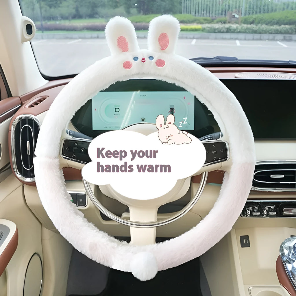 Plush cartoon animal embroidered steering wheel cover for cars in winter.