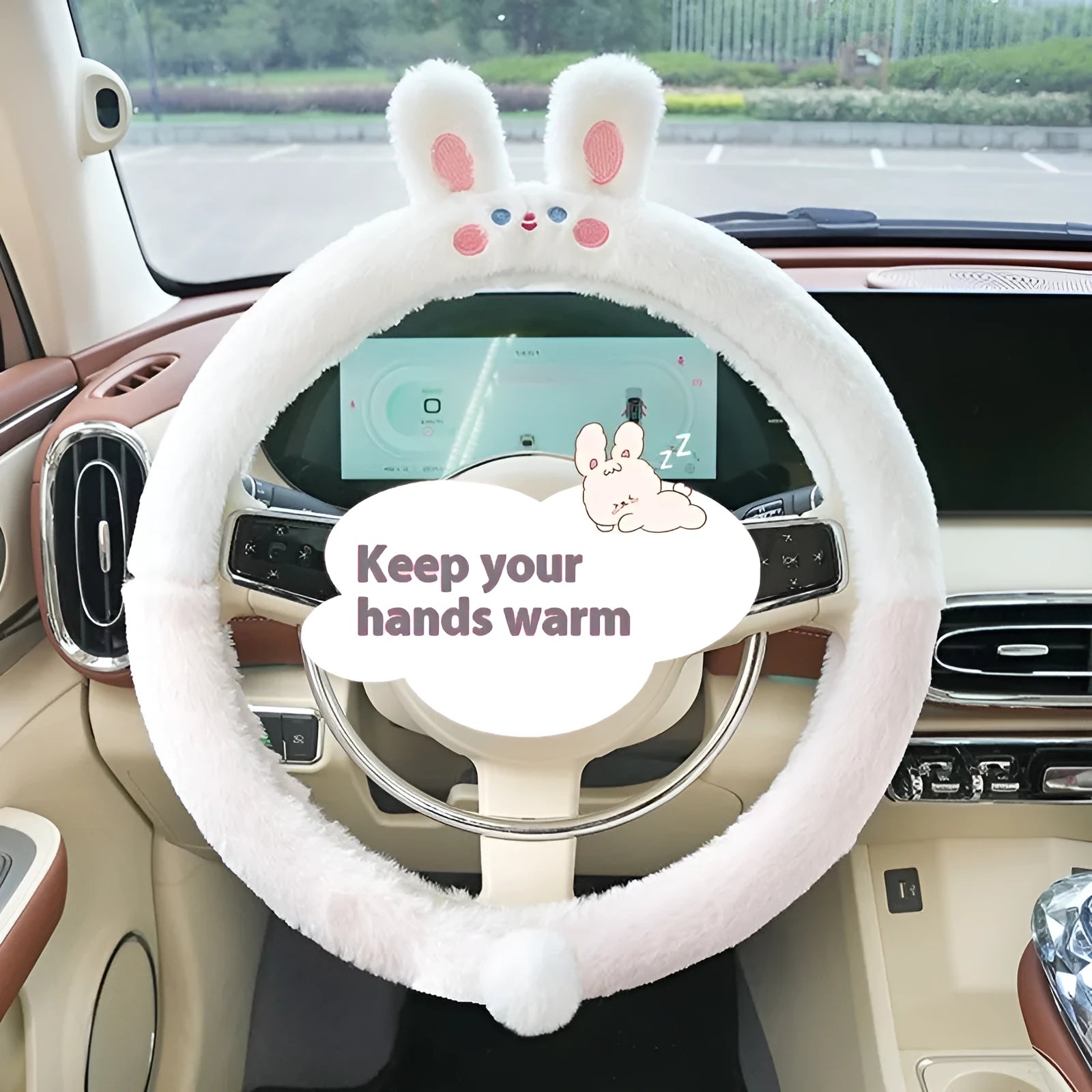 Plush cartoon animal embroidered steering wheel cover for cars in winter.