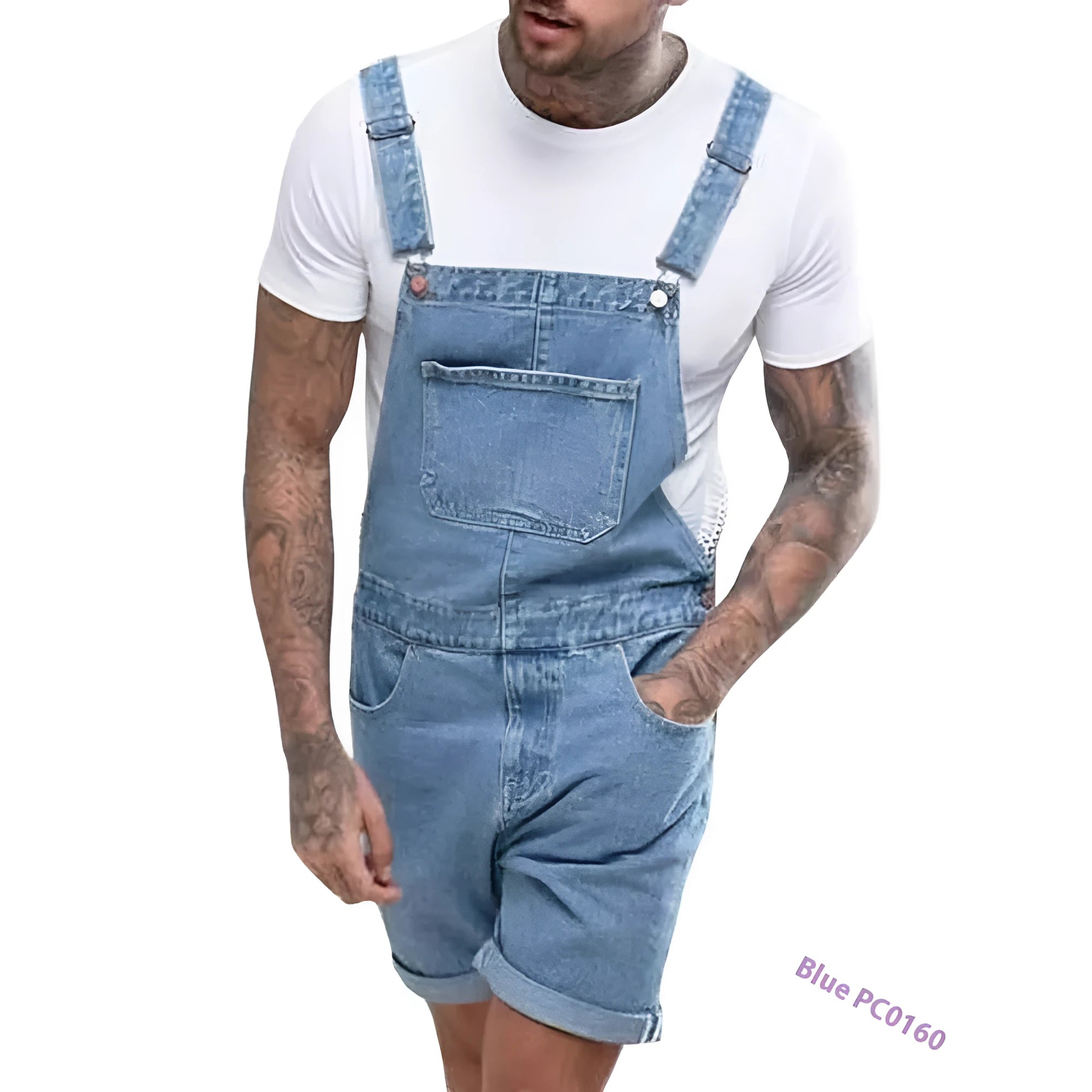 Youth medium elastic denim suspender shorts in black, blue or grey colours with zipper fly