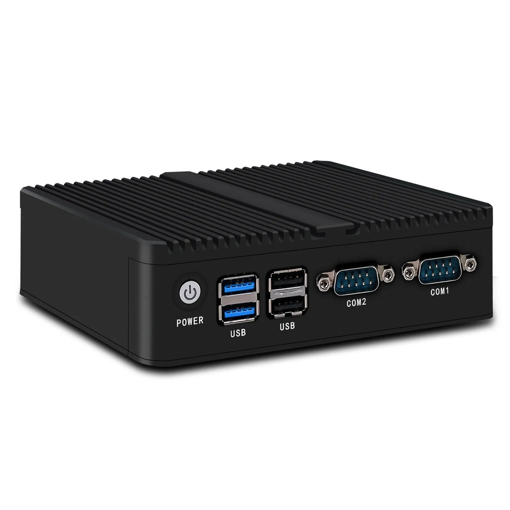 Compact silver industrial fanless mini-host computer with connectivity ports on side.