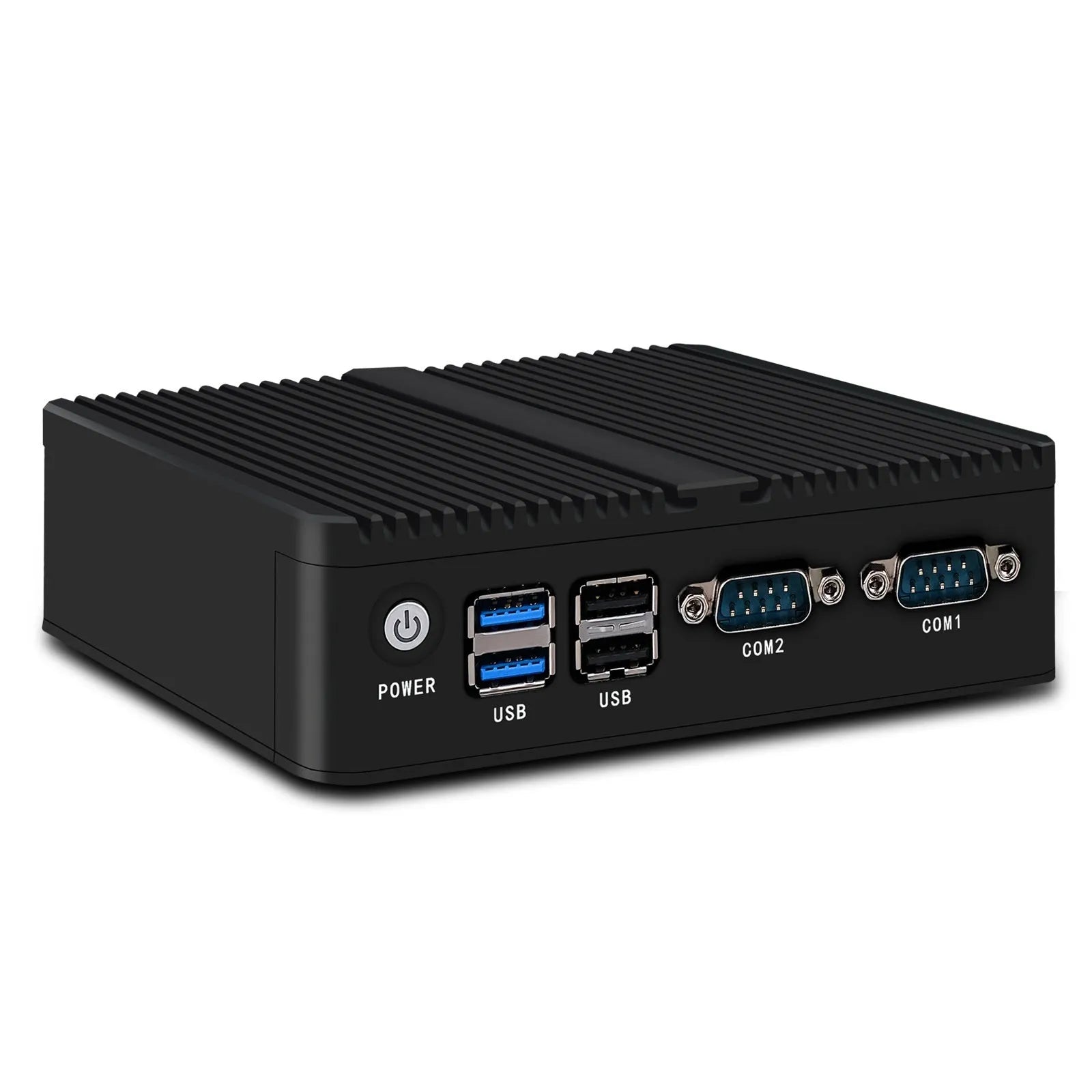Compact silver industrial fanless mini-host computer with connectivity ports on side.