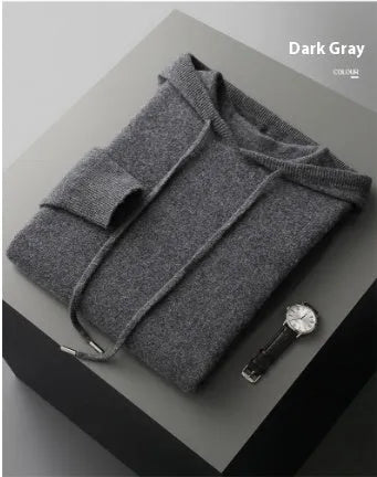 Men's light grey cashmere-blend hooded sweatshirt and matching joggers laid flat.