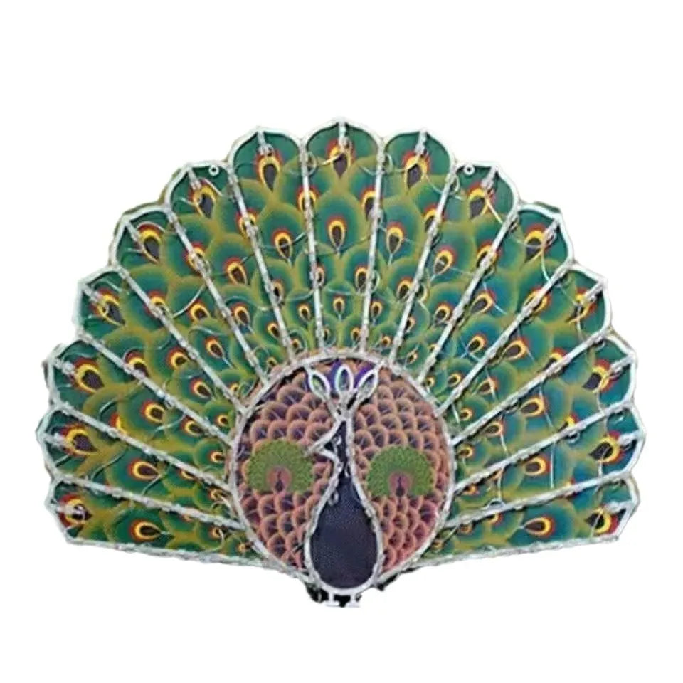 Outdoor Christmas string lights with decorative bulb shapes including peacock, heart, sunflower, and star designs