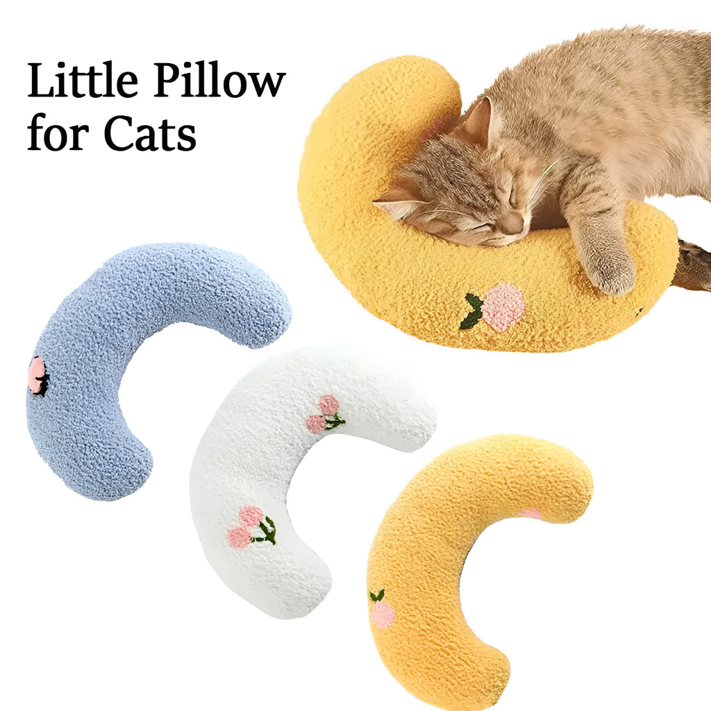 A blue U-shaped plush pet pillow for a cat or small dog on a white background.