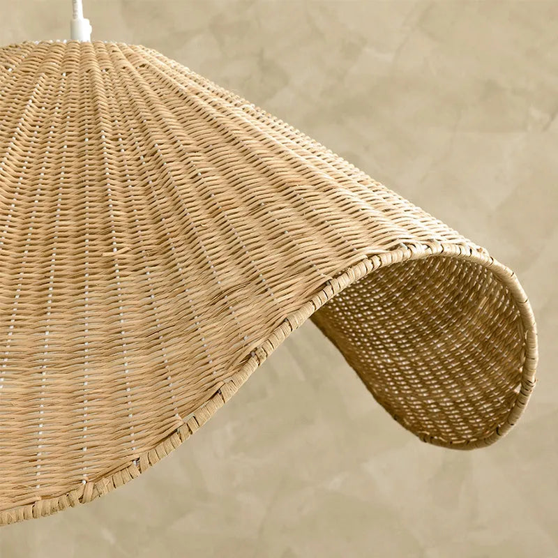 Handmade rattan bamboo chandelier with natural fibre shade and warm LED light