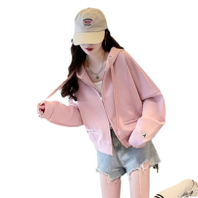 Women's loose-fit short hood cardigan in apricot with zipper pocket, polyester fabric, casual style