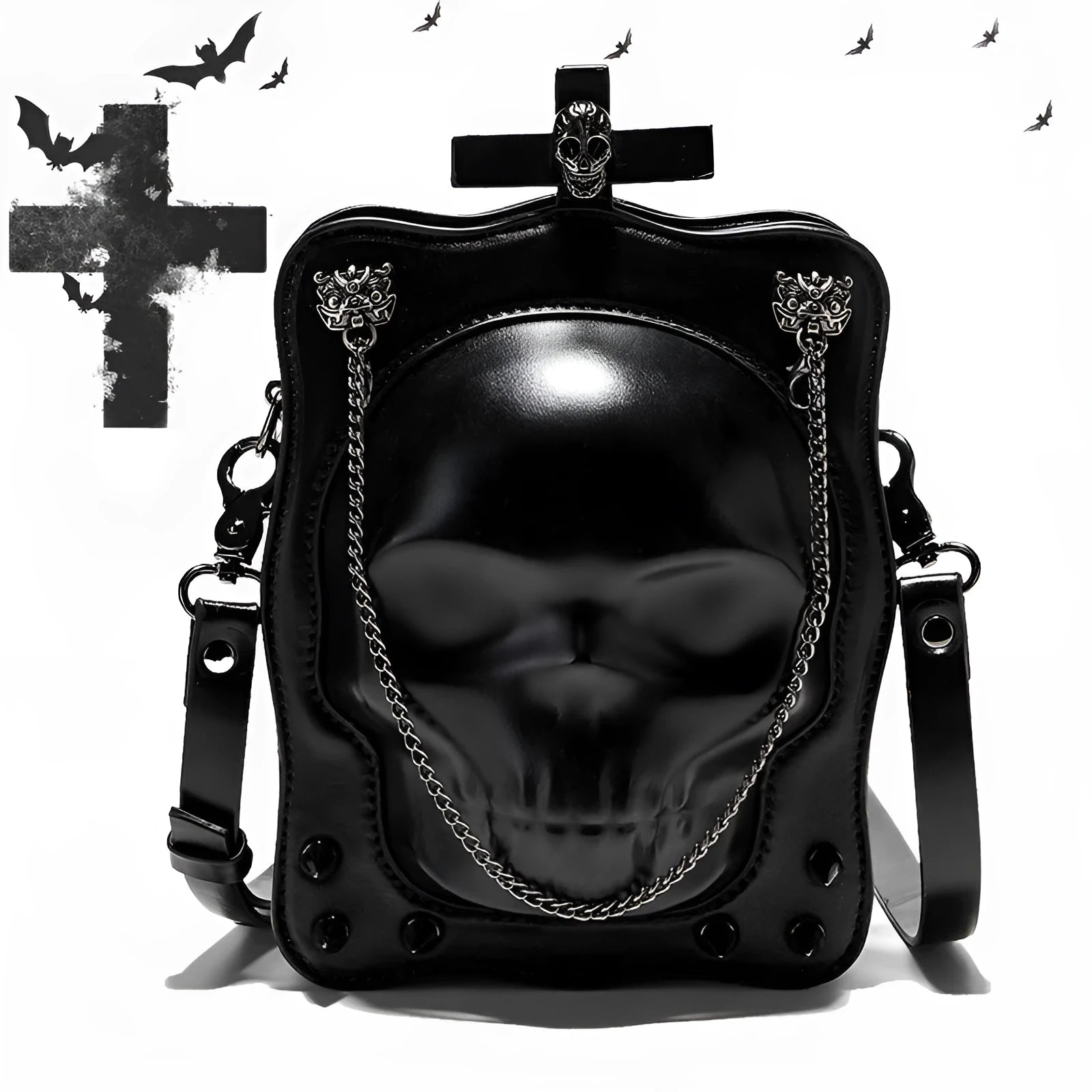 Black mini square messenger bag with a gothic embossed skull design, chain detail, and a crossbody strap.