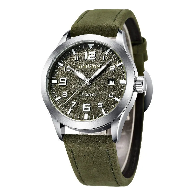 Men's retro automatic watch with leather strap on wrist