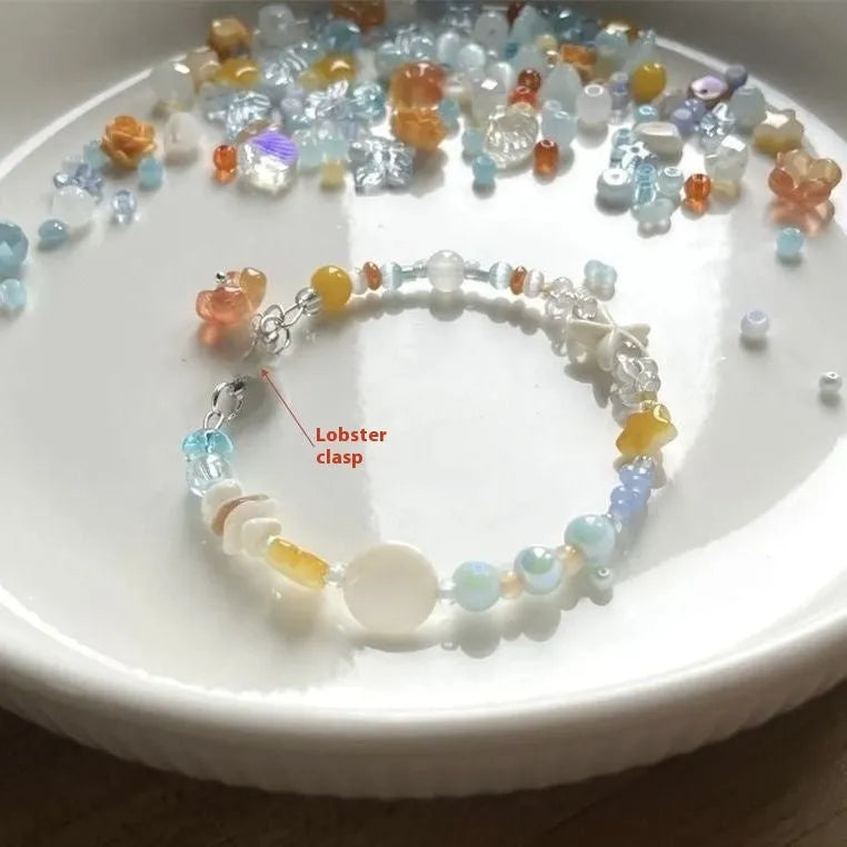 Orange mixed-material alloy bracelet with round and diamond beads for women, seaside summer accessory