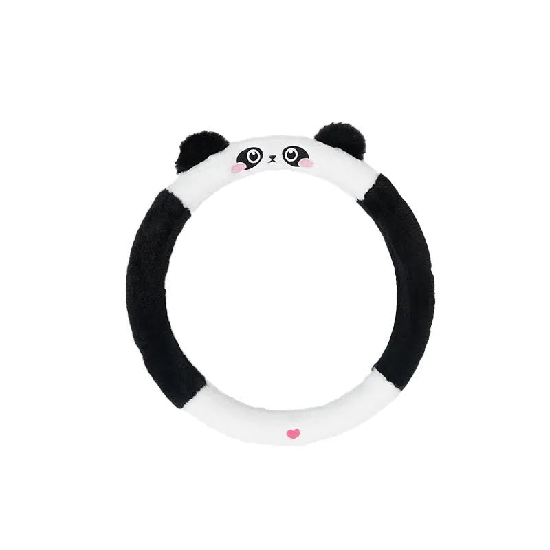 Plush cartoon animal embroidered steering wheel cover for cars in winter.
