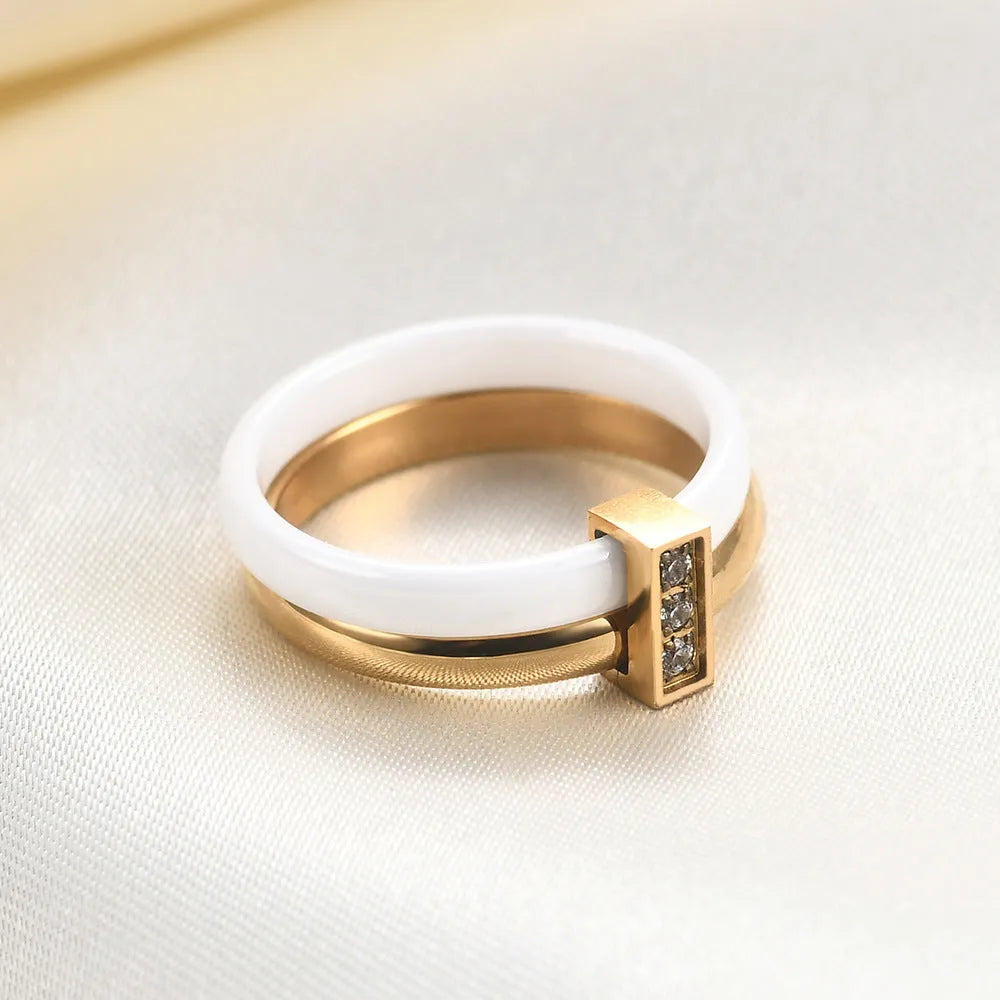 Ceramic women's ring with glossy stitching inlaid zirconium geometric design in steel black or gold white