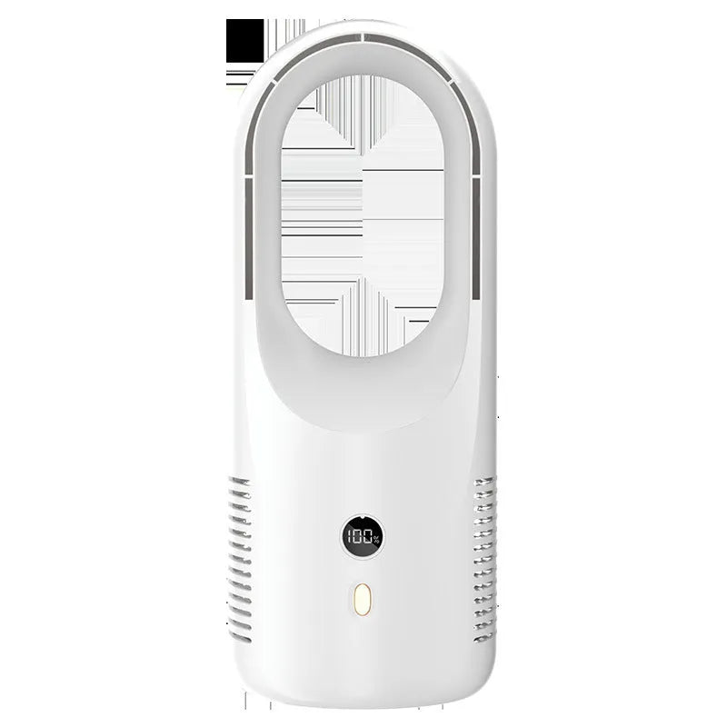 USB rechargeable bladeless desktop fan with LED display on a desk