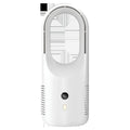 USB rechargeable bladeless desktop fan with LED display on a desk