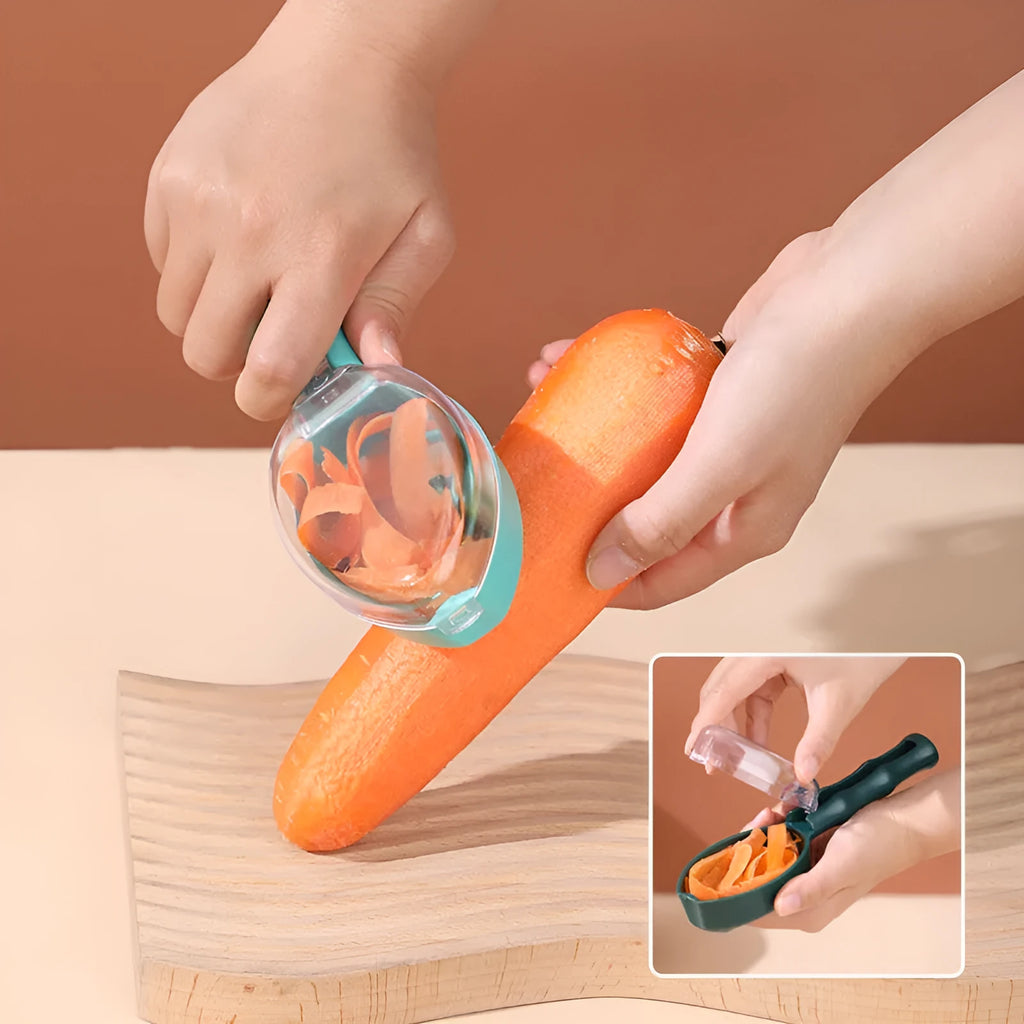 Yellow peeling knife with a storage lid next to a potato, showing its stainless steel blade and modern handle.