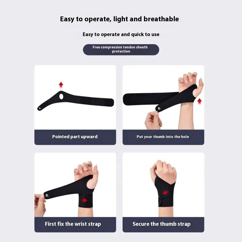 Adjustable athletic wristguard in black on a wrist, showing Velcro strap closure.