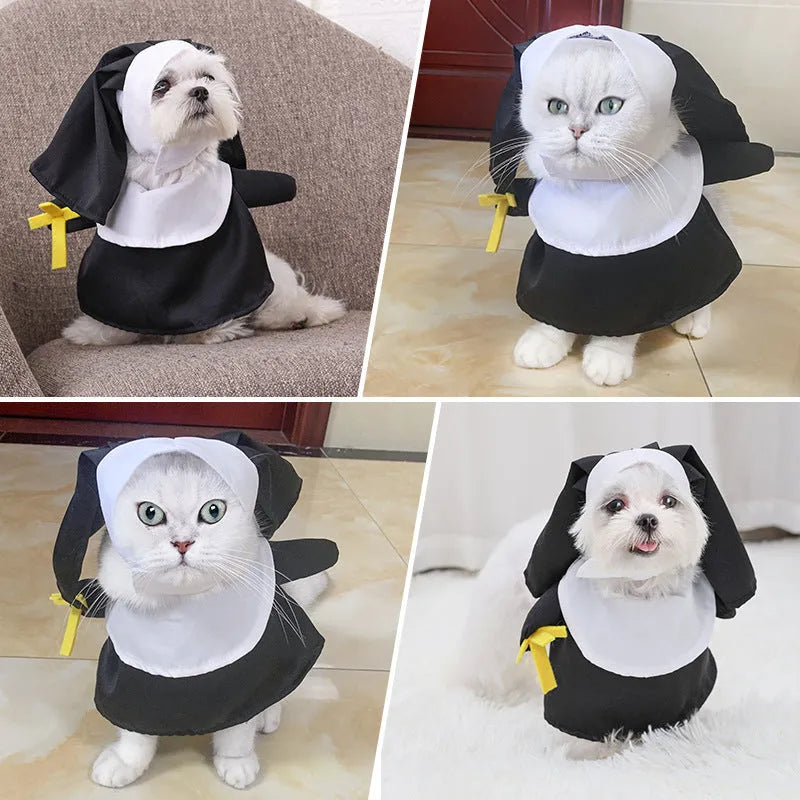 Black polyester nun Halloween costume for cats and dogs with free-size fit
