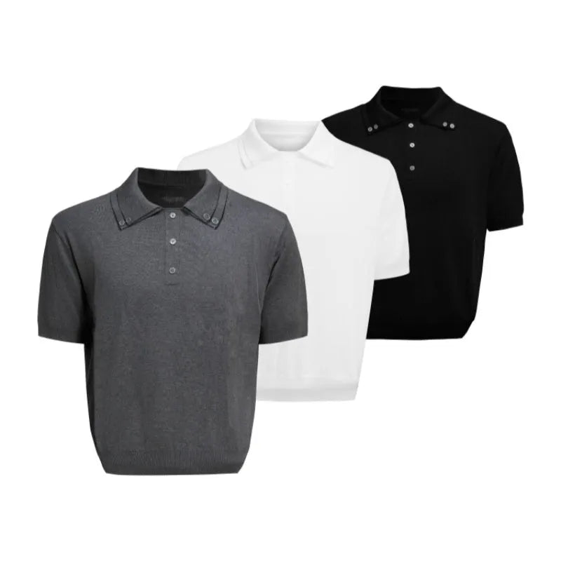 Men's black knitted polo shirt with double collar design and short sleeves