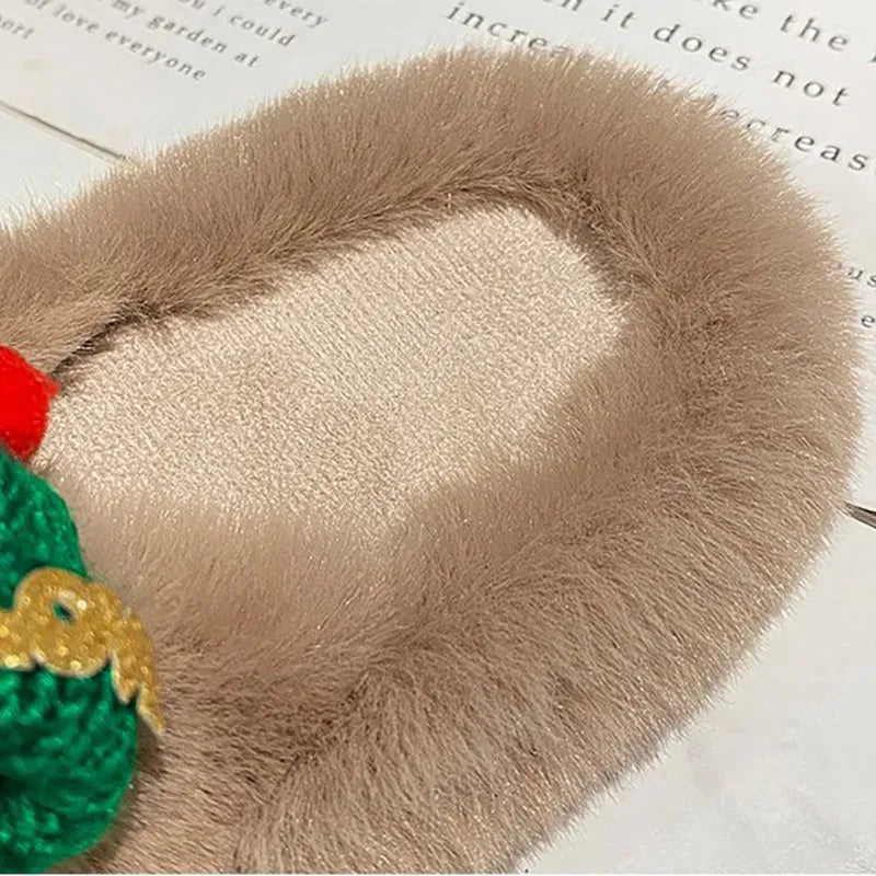 Women's Christmas hat slippers in black, khaki, or white with faux plush upper.