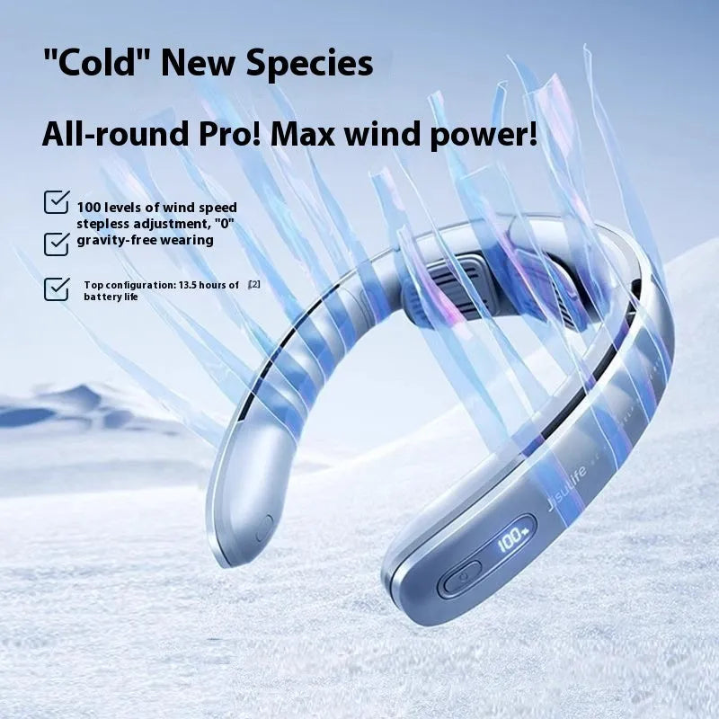 Silver grey portable neck fan with no-blade design and USB charging port