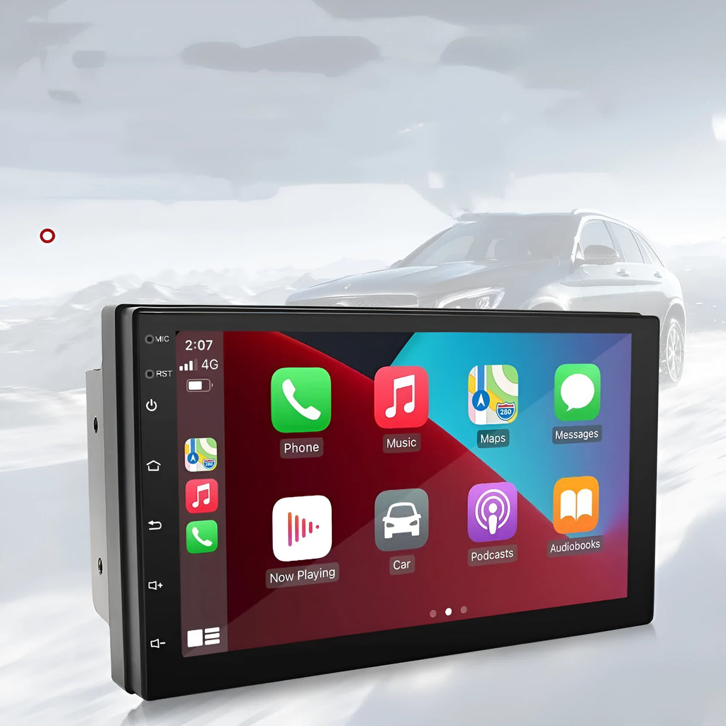 Black universal car MP5 player with 7-inch touchscreen for CarPlay and GPS navigation.