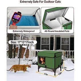 Green foldable cloth cat cage with heating insulation showing S M L size options for outdoor pet containment