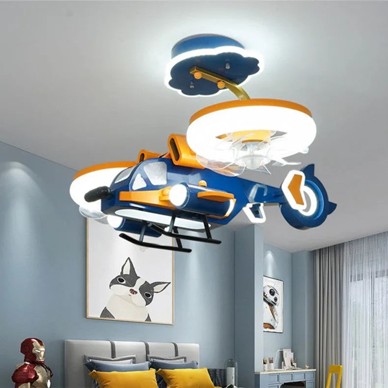 Yellow and blue ceiling fan light with fixed metal blades and acrylic lampshade for bedroom installation