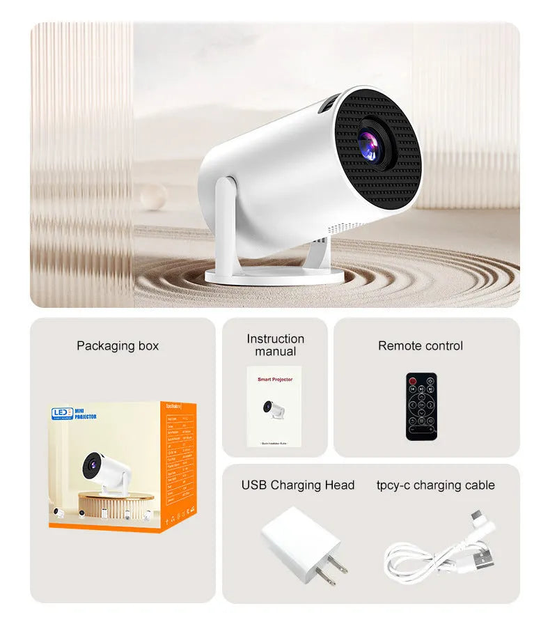 White portable wireless projector with HD 1080p resolution and same-screen mirroring capability